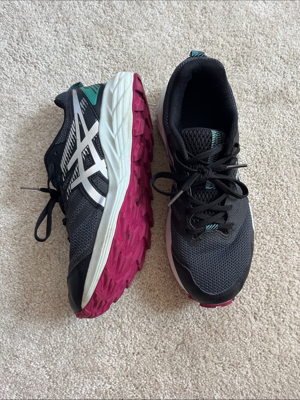 ASICS Women's Black Mesh Running Shoes with Pink Outsole and Teal Accents